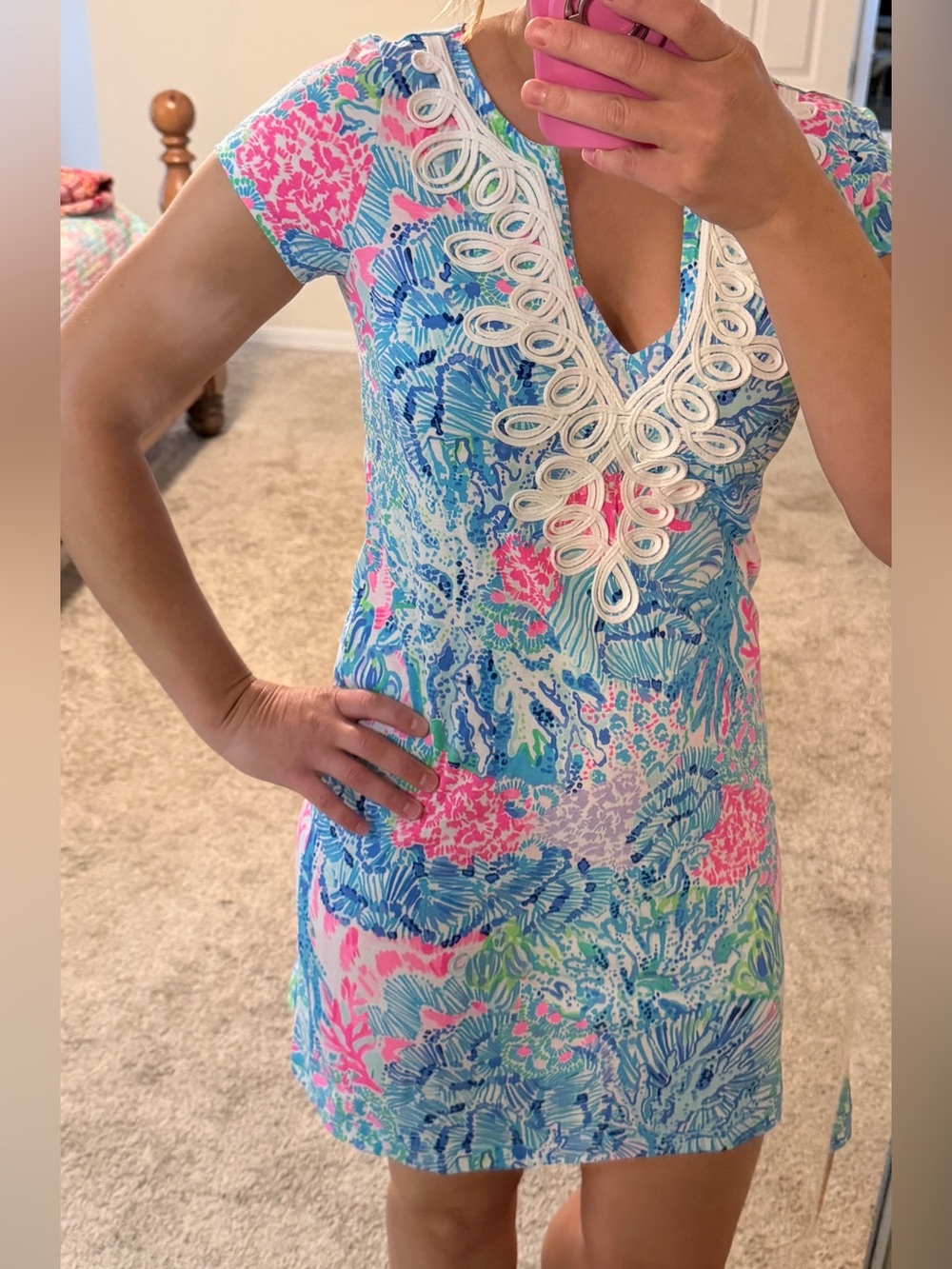 Lilly Pulitzer Vibrant Tropical Print Tunic Dress with Lace Trim